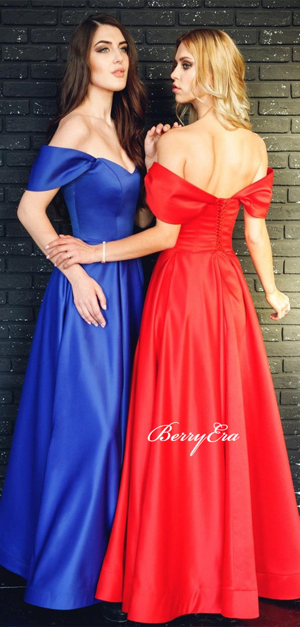 Off Shoulder Long A-line Satin Prom Dresses, Side Slit Prom Dresses, Simple Elegant 2020 Prom Dresses