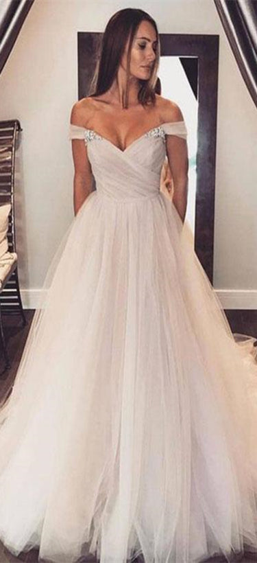 Off Shoulder Tulle Beaded Prom Dresses, Elegant Prom Dresses, Long Prom Dresses