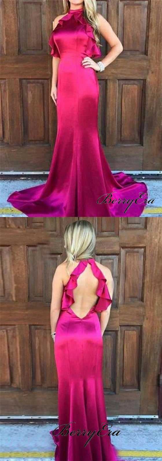 Simple Elegant Long Mermaid Prom Dresses, Ruffled Prom Dresses, Open Back Prom Dresses