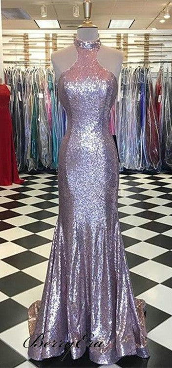 Halter Long Mermaid Prom Dresses, Rose Gold Prom Dresses, Shiny Prom Dresses