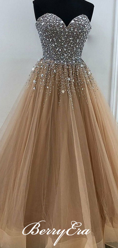 Sweetheart Long A-line Rhinestone Beaded Tulle Prom Dresses, Prom Dresses