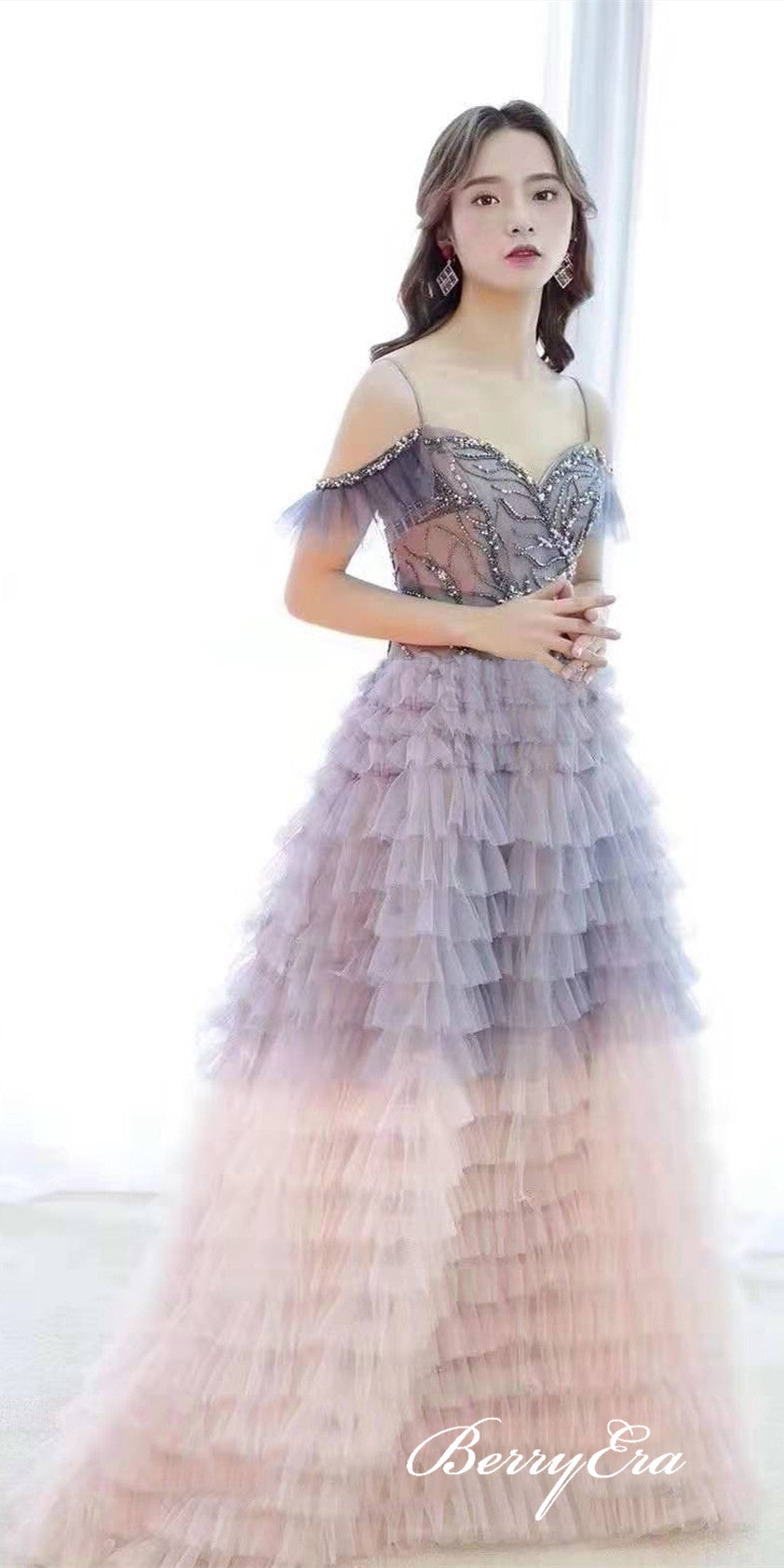 Off Shoulder Long A-line Gradient Tulle Prom Dresses, Beaded Long 2020 Prom Dresses, Prom Dresses