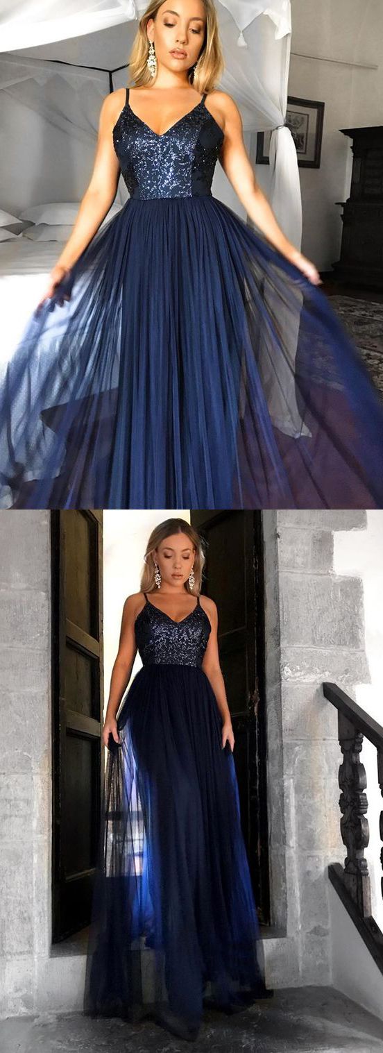 Straps V-neck Long A-line Navy Sequin Tulle Prom Dresses