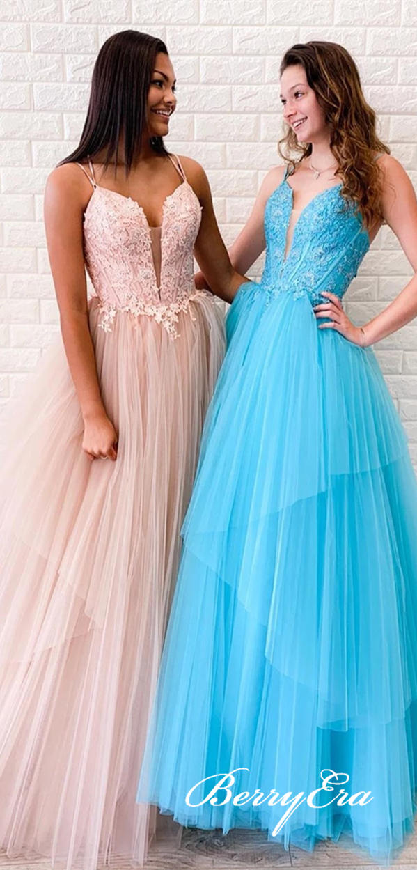 Lovely Lace Top Tulle Long Prom Dresses, Newest Prom Dresses, Popular Prom Dresses