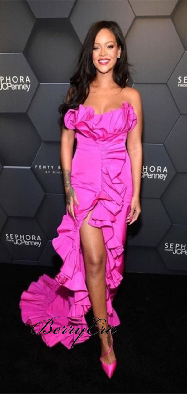 Rihanna Hot Pink Ruffled Gown, Sexy Side Slit Mermaid Prom Dresses