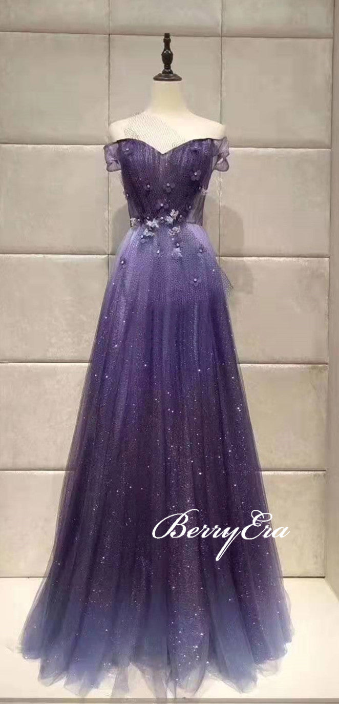 Off Shoulder Blue Sequin Gradient Tulle Prom Dresses, Shiny Prom Dresses, Appliques Prom Dresses