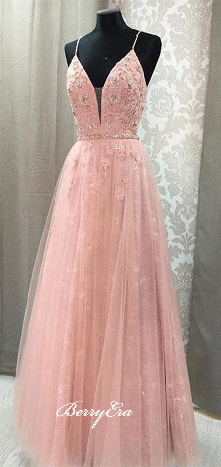 Spaghetti Pink Lace Beaded Prom Dresses, A-line Prom Dresses, Long Prom Dresses