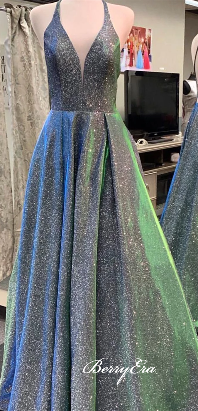 V-neck Long A-line Shemmering Fabric Prom Dresses, Chic Prom Dresses, 2020 Prom Dresses