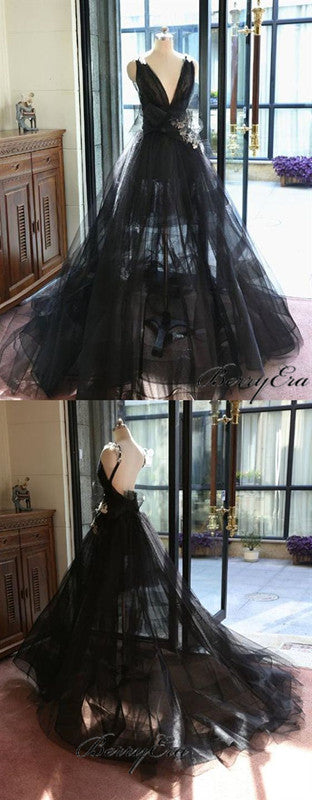 V-neck Black Tulle Transparent Prom Dresses, Long Prom Dresses, Prom Dresses