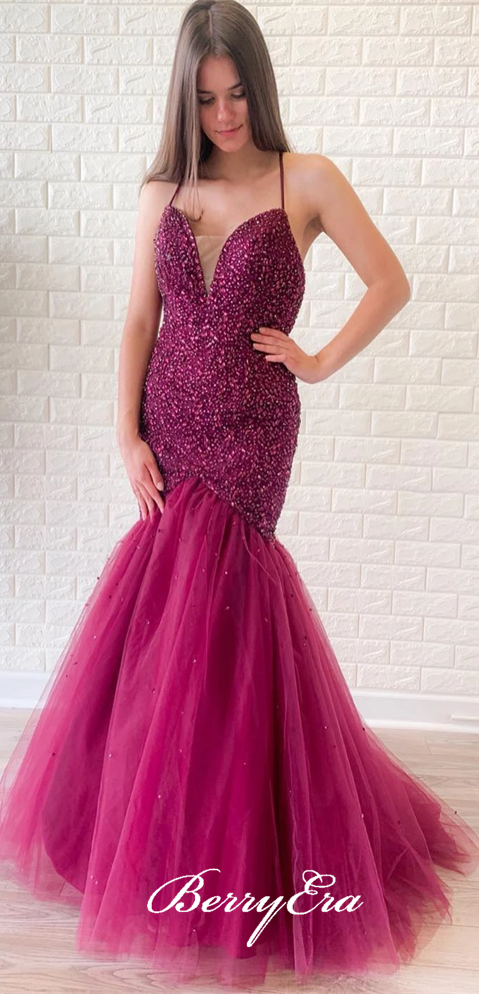 Luxury Beaded Long Mermaid Grape Tulle Prom Dresses, Mermaid Prom Dresses, Long Prom Dresses