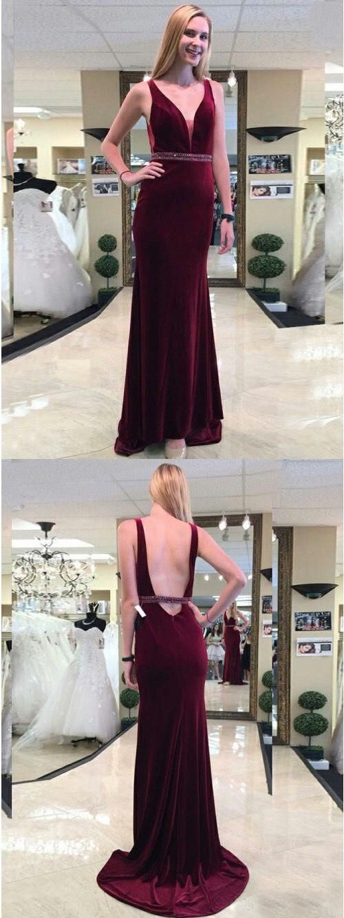 V-neck Long Sheath Velvet Prom Dresses, Beaded Prom Dresses, Long Prom Dresses