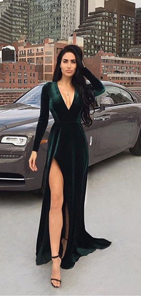 V-neck Emerald Green Velvet Prom Dresses, Side Slit Prom Dresses, Long Prom Dresses