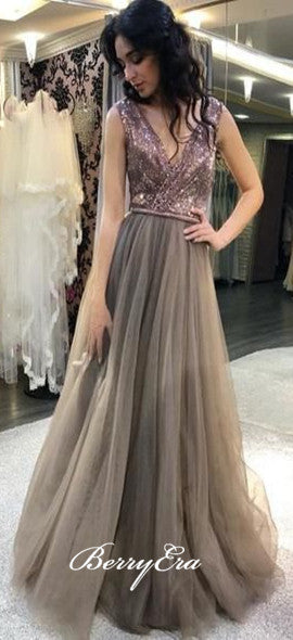 V-neck Seqauin Top Tulle Prom Dresses, Bridesmaid Dresses, Long Prom Dresses