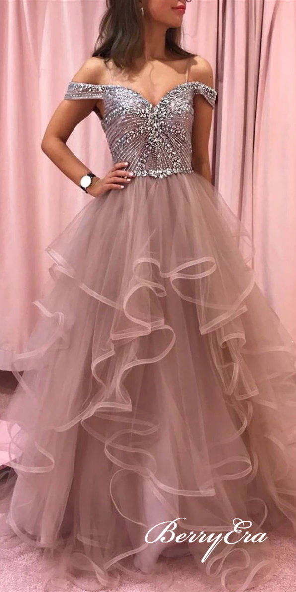 Off Shoulder Rhinestone Beaded Long A-line Prom Dresses, Tulle Prom Dresses, Popular Prom Dresses