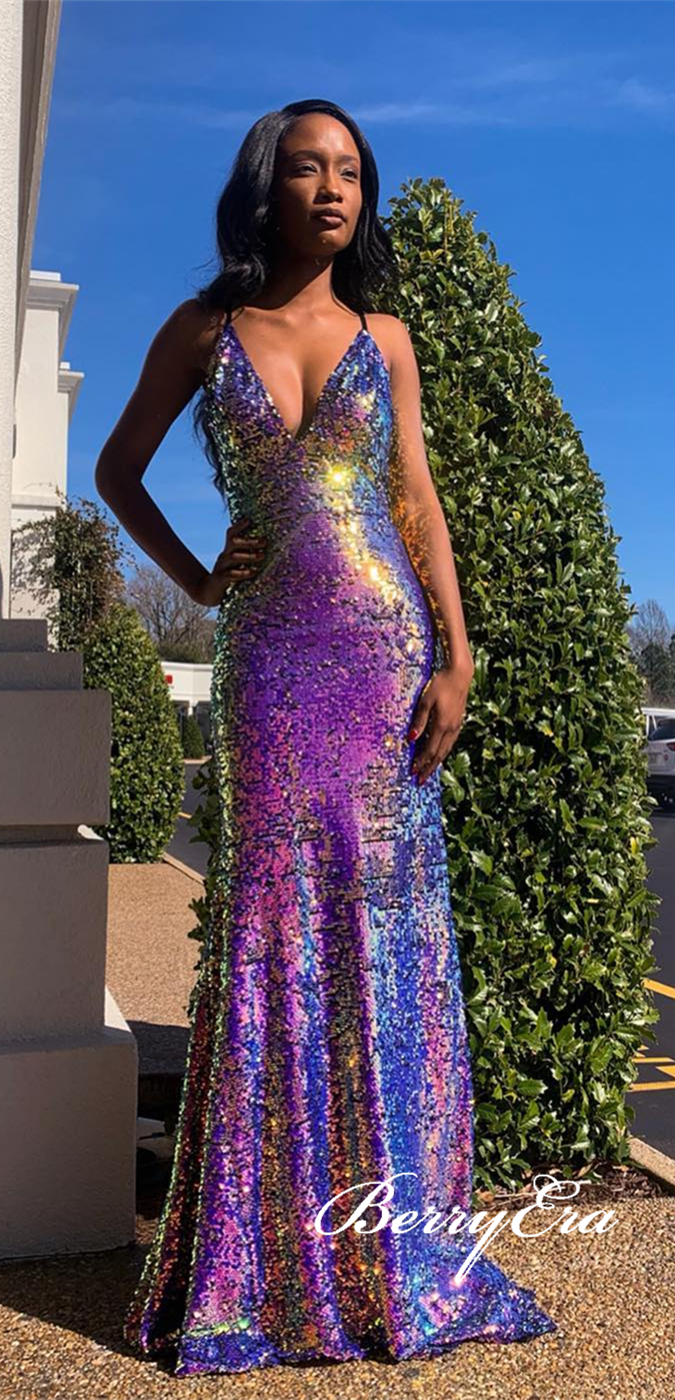 Spaghetti Long Sheath Sequin Prom Dresses, V-neck Prom Dresses, Long Prom Dresses