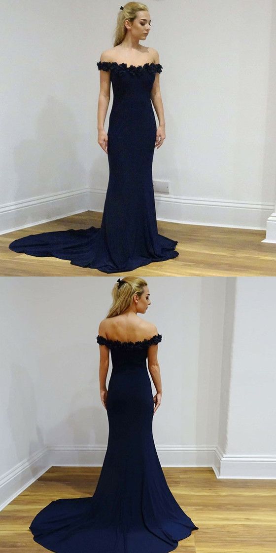 Elegant Off Shoulder Jersey Navy Long Evening Party Prom Dresses