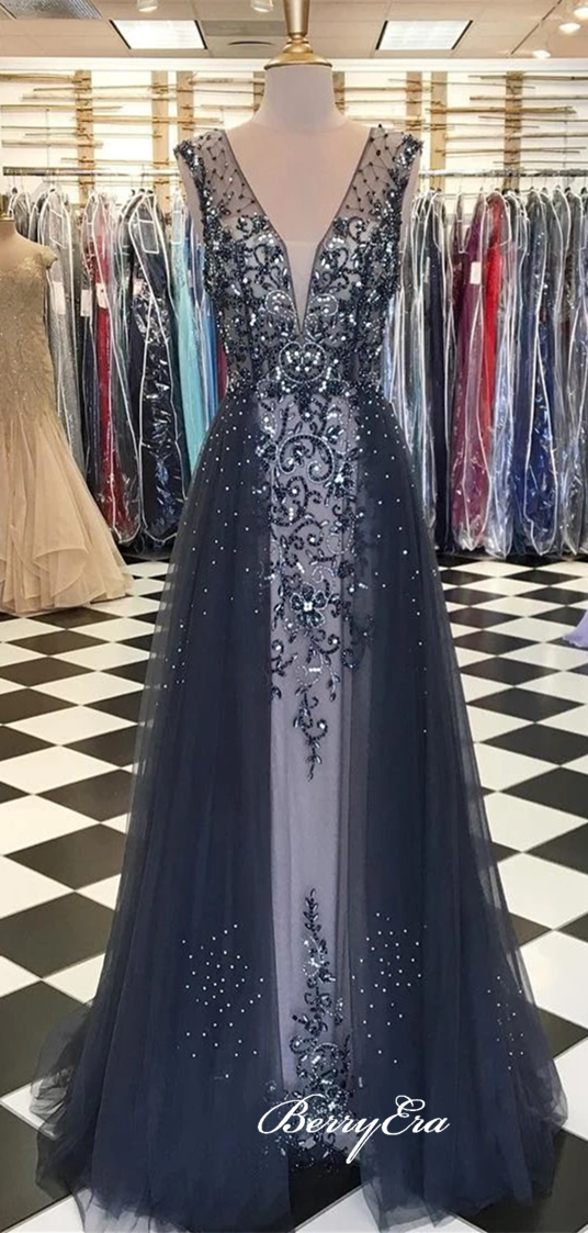 V-neck Gorgeous Rhinestone Beaded Long Prom Dresses, Luxury Prom Dresses, Long Prom Dresses