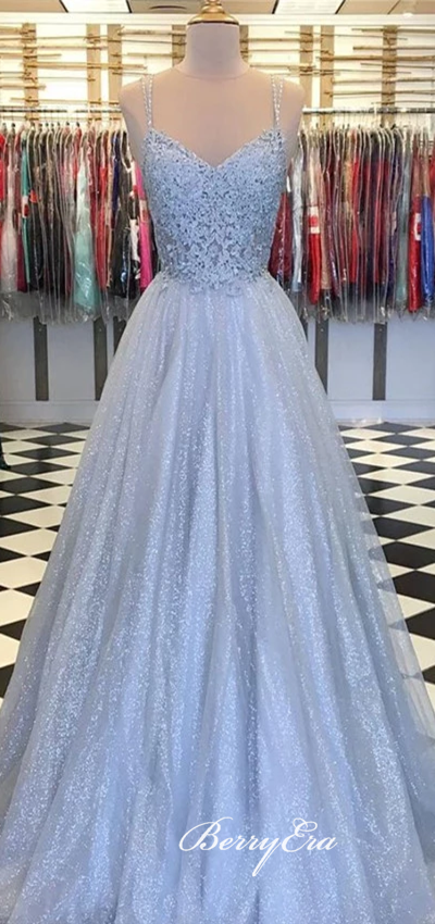 V-neck Lace Top Long A-line Sequin Tulle Prom Dresses, Grey Prom Dresses, 2020 Prom Dresses