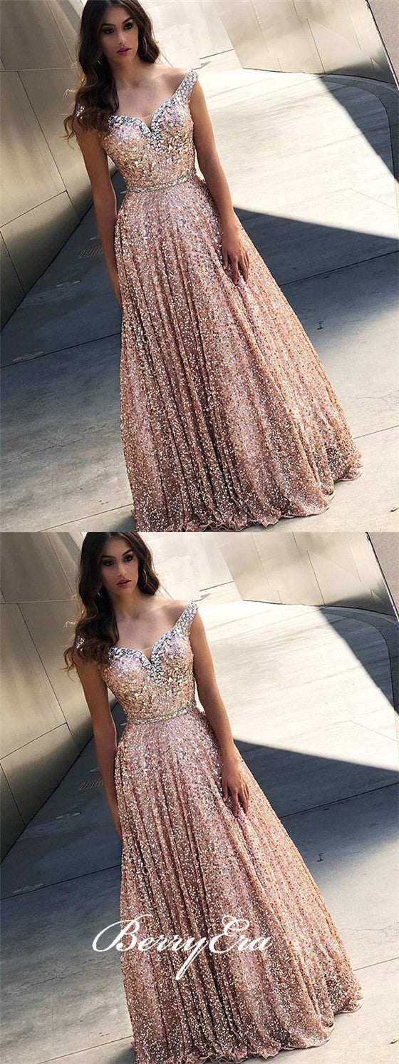 Off Shoulder Gliter Sequin Prom Dresses, A-line Rhinestone Prom Dresses, Long Prom Dresses