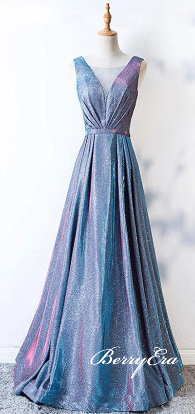 V-neck Long A-line Shemmering Fabric Prom Dresses, Long Prom Dresses, 2020 Prom Dresses