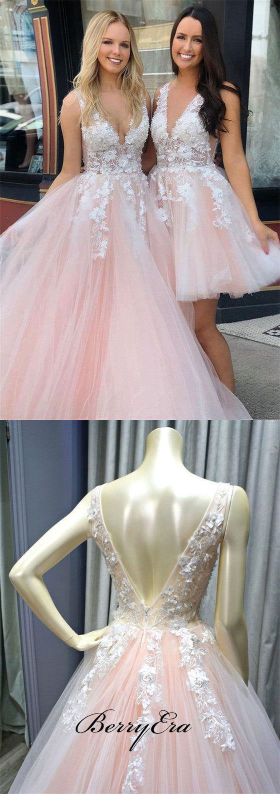 V-neck Lace Top Beaded A-line Pale Pink Prom Dresses