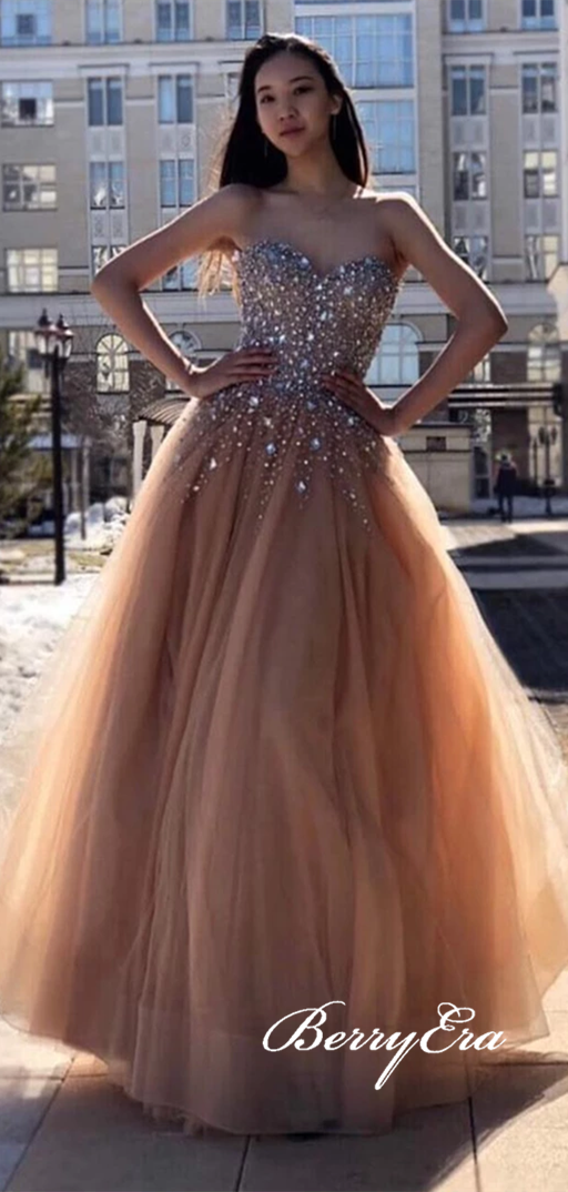 Sweetheart Rhinestone Beaded Long A-line Tulle Prom Dresses, Lovely Long Prom Dresses