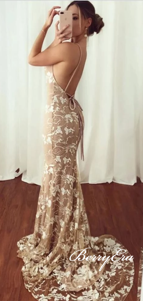 V-neck Long Mermaid Lace Prom Dresses, Backless Long Prom Dresses, Popular Prom Dresses