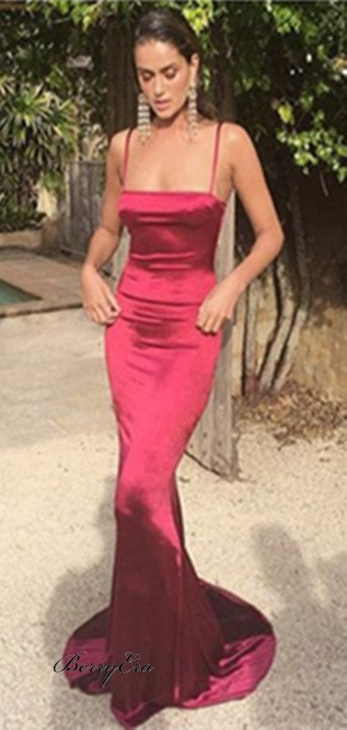 Straps Long Mermaid Red Elastic Satin Prom Dresses Cheap Prom Dresses