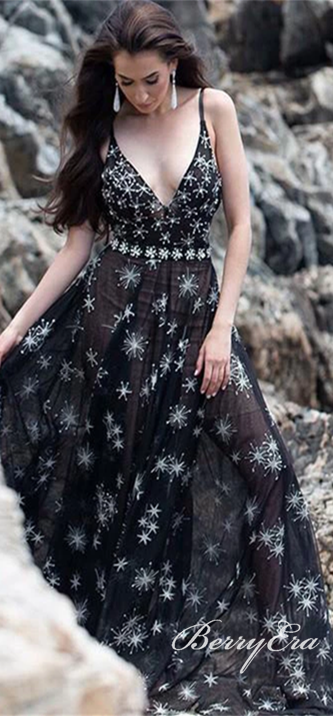 V-neck Long A-line Black Firework Chiffon Prom Dresses, Chic Prom Dresses, Long Prom Dresses