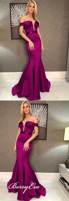 Off Shoulder Purple Mermaid Long Prom Dresses