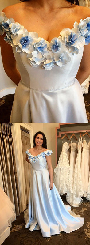 Off Shoulder Long A-line Light Blue Prom Dresses, Simple Prom Dresses, Prom Dresses