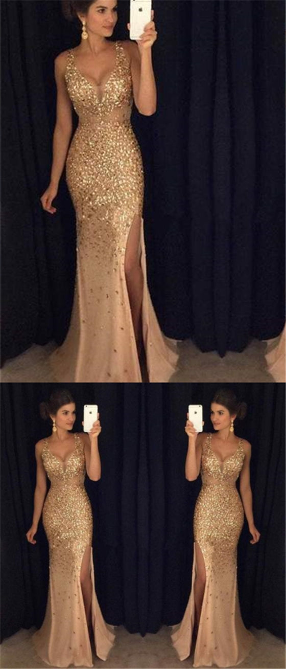 Sparkle Sexy Side Slit Long Mermaid Gold Rhinestone Prom Dresses