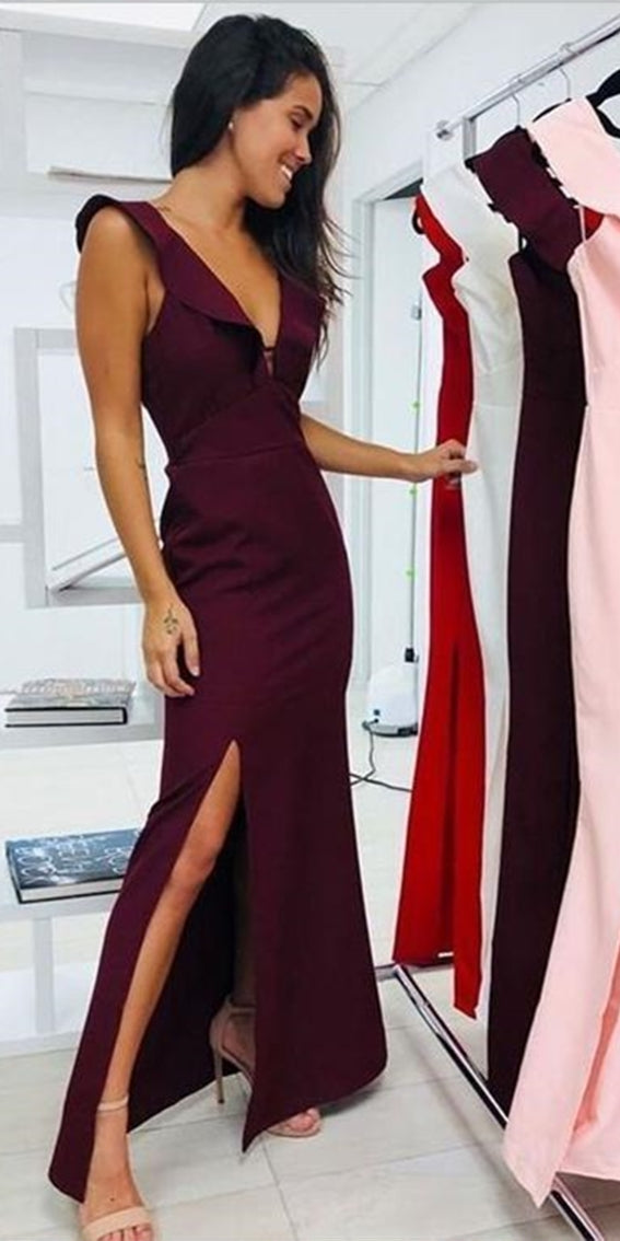 Simple V-neck Side Slit Long Mermaid Formal Prom Dresses