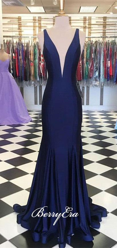 V-neck Navy Mermaid Long Elastic Satin Prom Dresses