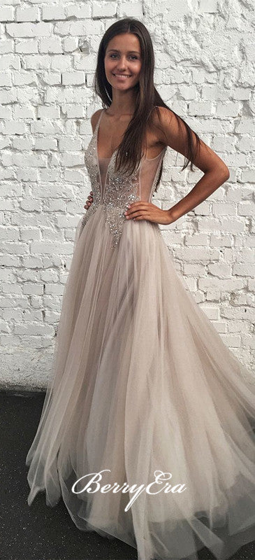 V-neck A-line Tulle Beaded Prom Dresses, Appliques Prom Dresses, Prom Dresses