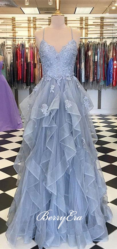 Spaghetti Long A-line Lace Tulle Prom Dresses, Newest Prom Dresses