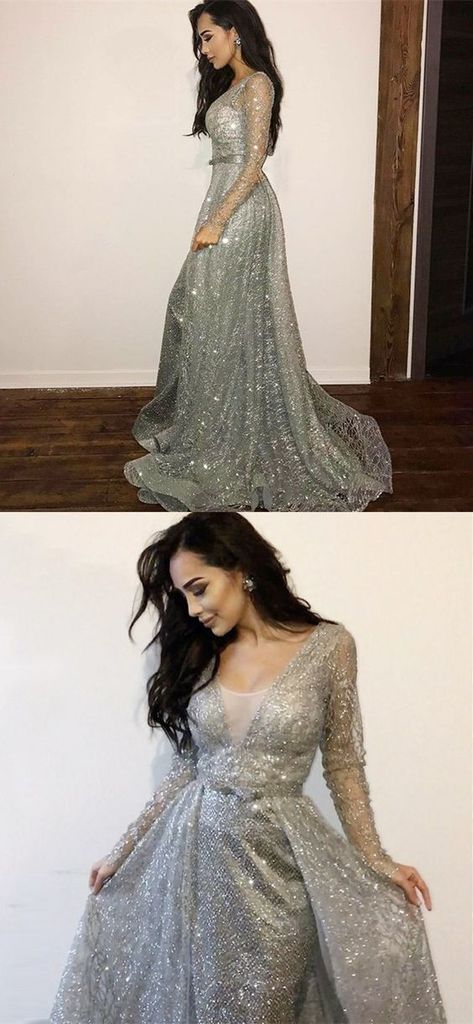 Long Sleeves Silver Sequin Tulle Prom Dresses, Sparkle Prom Dresses