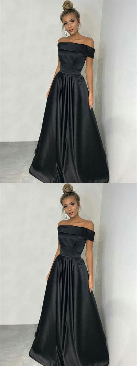 Off Shoulder Black Satin Long A-line Simple Prom  Dresses