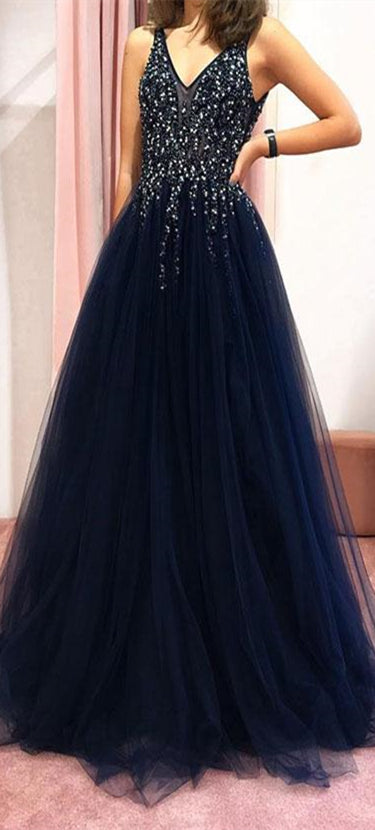 V-neck Long A-line Navy Beaded Tulle Prom Dresses, Popular Prom Dresses, Prom Dresses