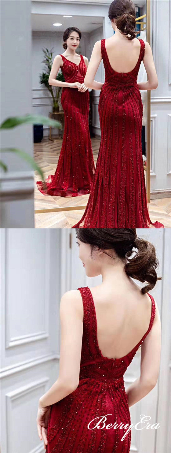 V-neck Red Beaded Long Mermaid Prom Dresses, Long Prom Dresses, Mermaid Prom Dresses