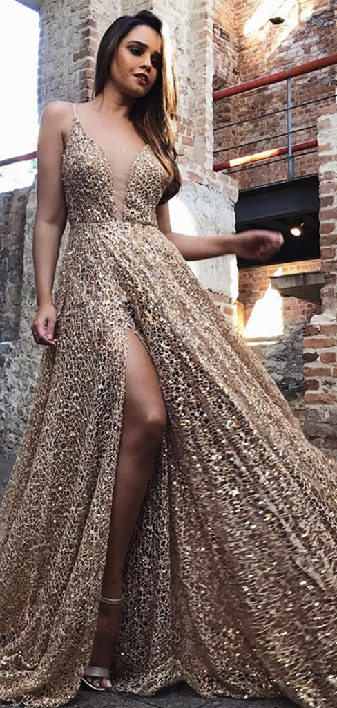 Spaghetti Long A-line Side Slit Lace Prom Dresses, Newest Prom Dresses, Prom Dresses