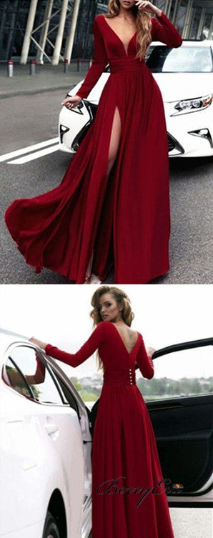 V-neck Long Sleeves Burgundy Jersey Prom Dresses, Long Prom Dresses, Prom Dresses