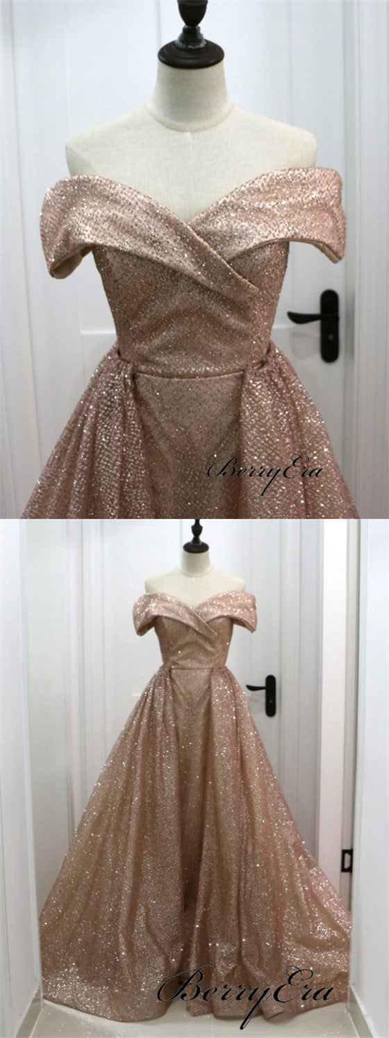 Off Shoulder Long A-line Rose Gold Sequin Prom Dresses, Shiny Prom Dresses