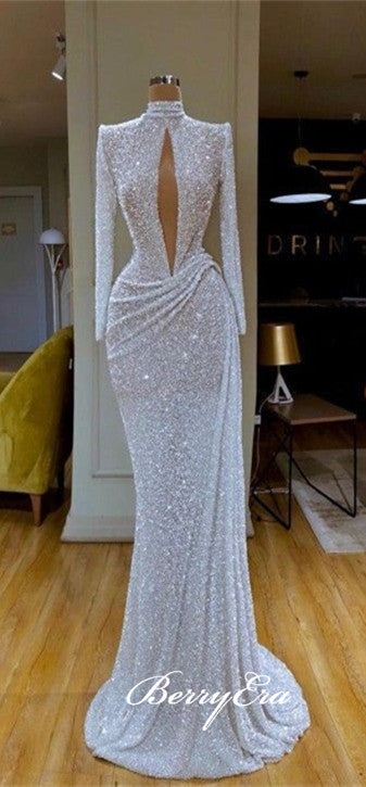 High Neck Long Sheath White Sequin Prom Dresses, Long Sleeves Prom Dresses, 2020 Prom Dresses