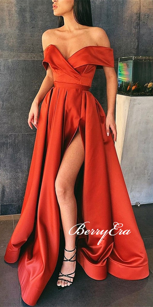 Off Shoulder Red Long A-line Satin Prom Dresses, Side Slit Prom Dresses, Long Prom Dresses