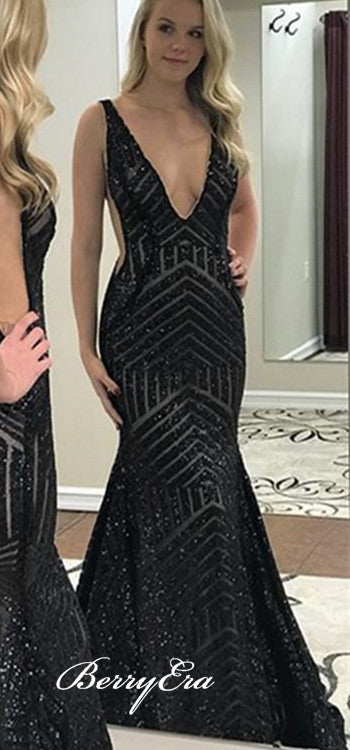 V-neck Black Sequin Mermaid Prom Dresses, Long Prom Dresses, Affordable Prom Dresses