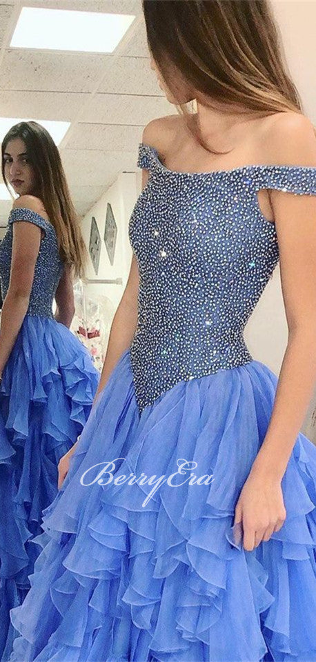 Off Shoulder Beaded Chiffon Prom Dresses, Princess Ball Gown, Popular Prom Dresses