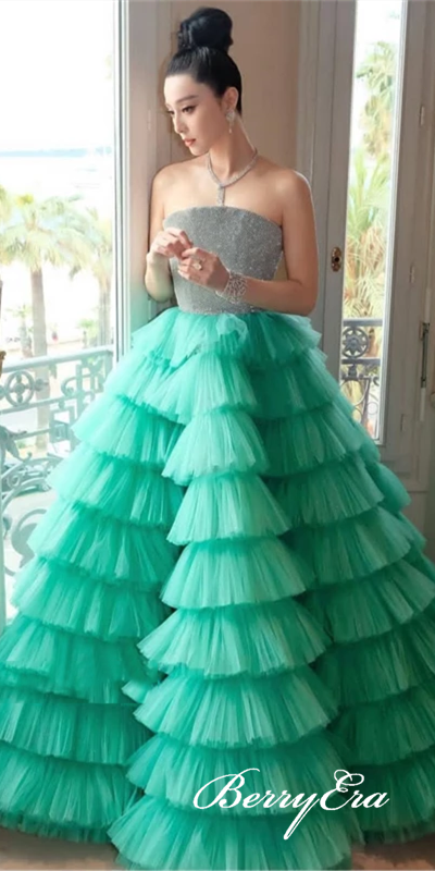 Strapless Long A-line Green Tulle Fluffy Beaded Prom Dresses, Ball Gown, Long Prom Dresses