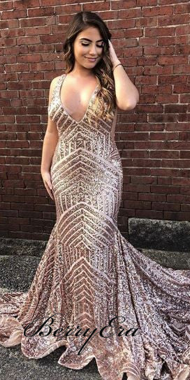 V-neck Rose Gold Sequin Mermaid Prom Dresses, Long Prom Dresses, Prom Dresses