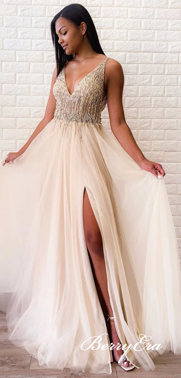 V-neck Beaded Long A-line Tulle Prom Dresses, Side Slit Prom Dresses, Long Prom Dresses